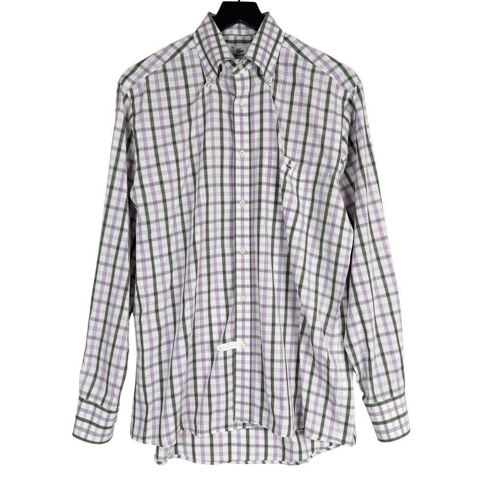 Lacoste Mens Button Down Dress Shirt Purple Gray Plaid Cotton - 42 (L US)